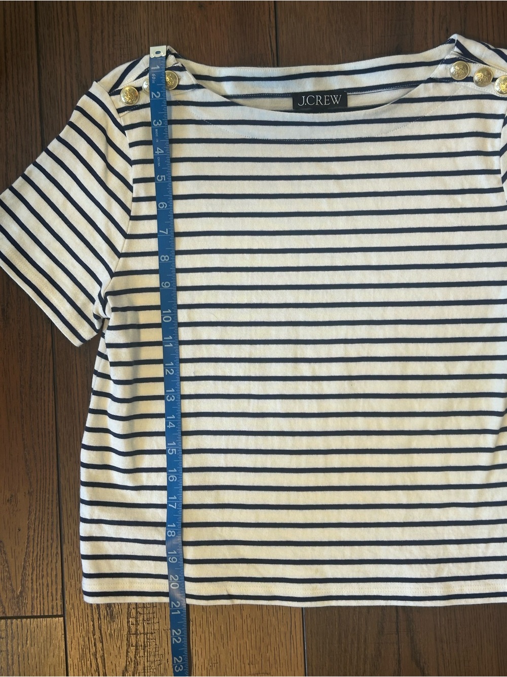 J. Crew Stripped Sailor Tee Gold Button Shoulder Blouse, Europe Trip Sz S - Picture 6 of 7